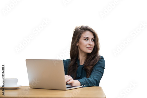 Lawyer young woman using laptop computer, transparent background, png, isolated.