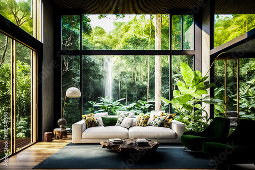 Salon avec grande baie vitrée donnant sur le jardin tropical - Générative IA