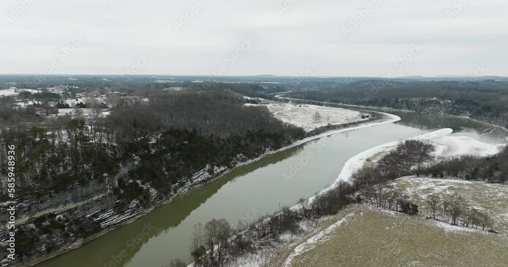 Vista Of A River And Forest At Neills Bluff In Washington County, Arkansas, United States. Aerial Wide Shot Vista Of A River And Forest At Neills Bluff In Washington County, Arkansas, United States. Aerial Wide Shot