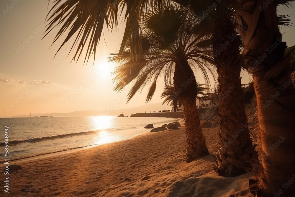 Beautiful tropical beach with palm trees silhouettes at dusk.