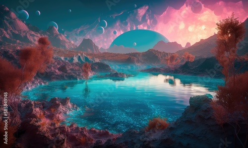 A magical landscape of a turquoise lake surrounded by mountains, trees and bubbles in a vast alien desert. Generative AI © keks20034