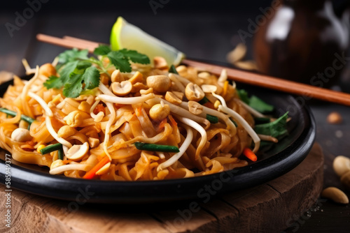 Vibrant Pad Thai Noodles garnished with fresh herbs and peanuts on a wooden plate, generative ai