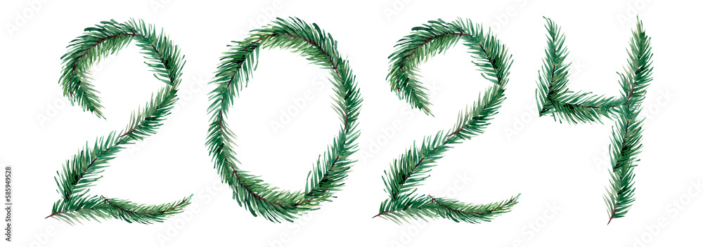 Congratulation Happy New Year 2024, stylish design from watercolor fir branches