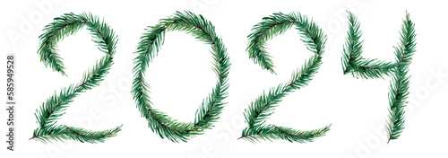 Congratulation Happy New Year 2024, stylish design from watercolor fir branches