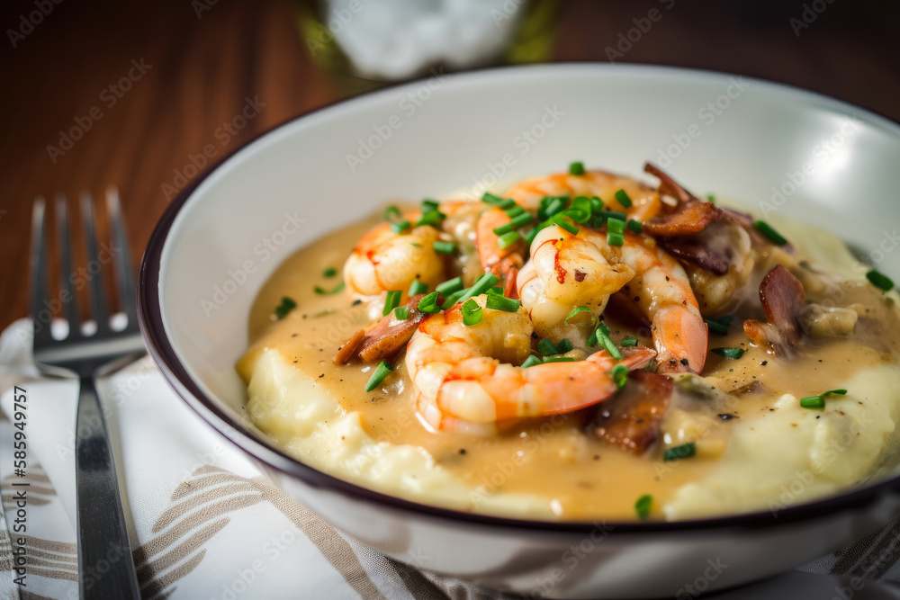 Traditional and Classic Shrimp and Grits with a Buttery Gravy, generative ai