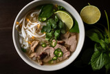 Top-down view of a steaming hot bowl of Pho Bo, loaded with beef brisket, tendon, and tripe, garnished with fresh lime and Thai basil, generative ai