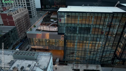 Rising aerial view of Seattle's Convention Center modernistic design. photo
