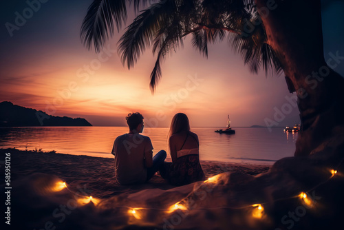 Young couple watching sunset on the beach