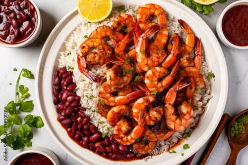 Top-down view of a plate of red beans and rice topped with grilled shrimp and drizzled with hot sauce, generative ai