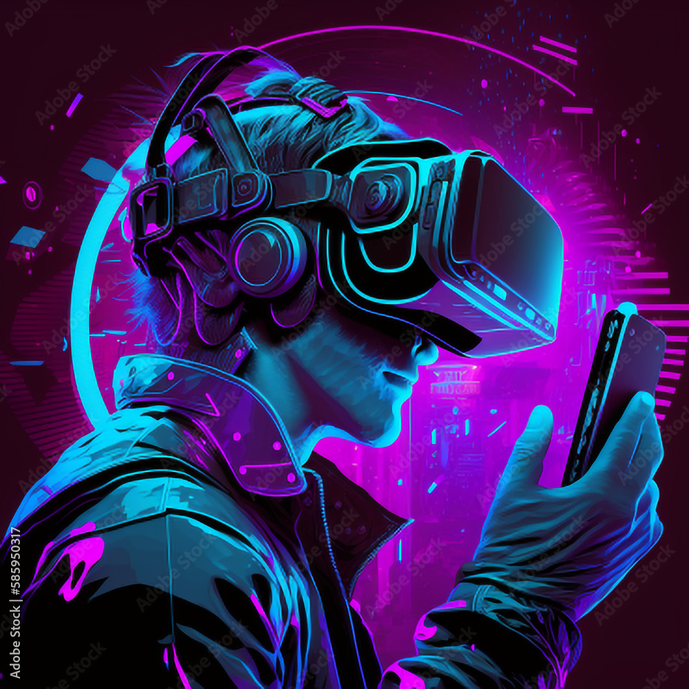 Fototapeta premium Illustration of a man with virtual reality goggle playing AR augmented reality game