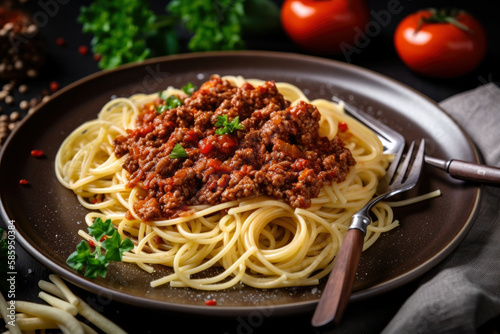 Top view of Spaghetti Bolognese with a generous serving of meat sauce, sprinkled with fresh herbs and red pepper flakes, generative ai