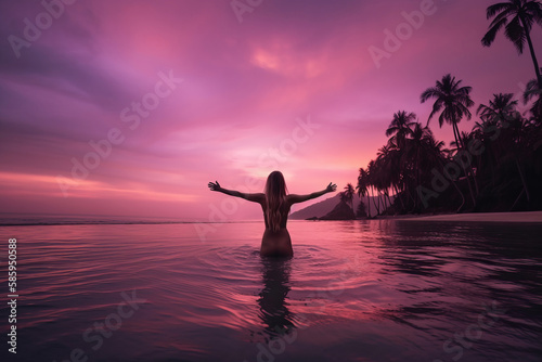 woman in casual summer dress walking barefoot by the waterline and look to the waves. Sporty lady on sea sand beach sunset or ocean sunrise. Travel, active, lifestyle concept
