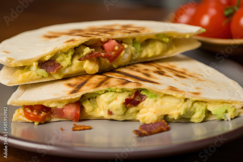 tempting macro shot of a breakfast quesadilla stuffed with scrambled eggs, crispy bacon, and diced tomatoes, served with a side of creamy avocado sauce, generative ai