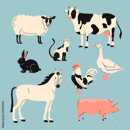 Farm animals set. Vector collection of animals and birds in trendy flat style including horse  cow  sheep  pig  rabbit  goose and chicken  cat isolated on white.