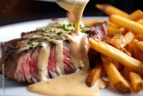 tantalizing close-up of steak frites, with a perfectly grilled medium-rare steak served on a bed of thin and crispy fries, drizzled with creamy béarnaise sauce, generative ai photo