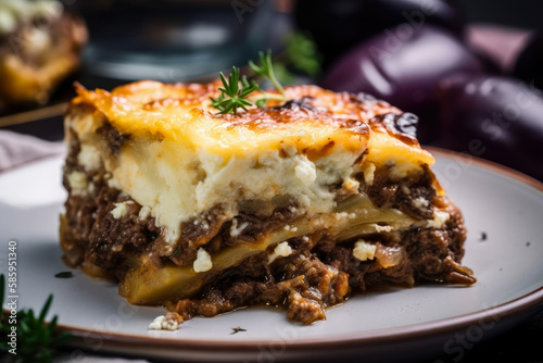 Sumptuous macro shot of Moussaka, a classic Greek casserole made with layers of eggplant, spiced beef, and potatoes, generative ai