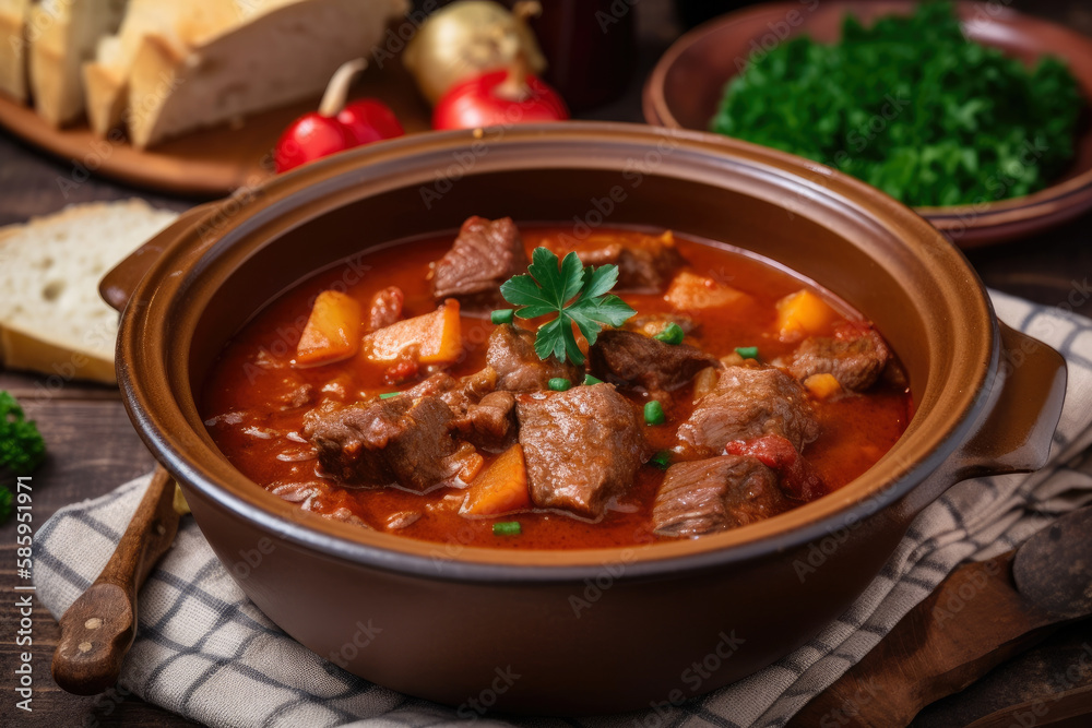 Steamy bowl of Hungarian goulash with tender beef and paprika garnished with a sprig of fresh parsley, generative ai