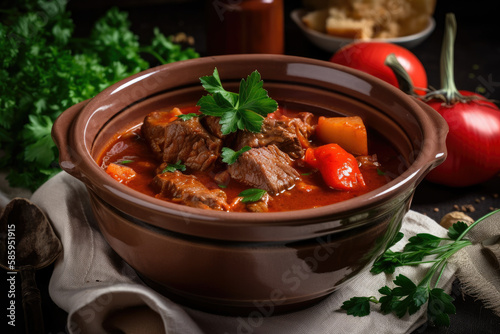 Steamy bowl of traditional Hungarian goulash with tender beef, paprika, and savory spices, garnished with a sprig of fresh parsley, generative ai