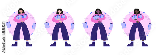 Flat vector illustration of a girl who has done her shopping in a store and  holding bags