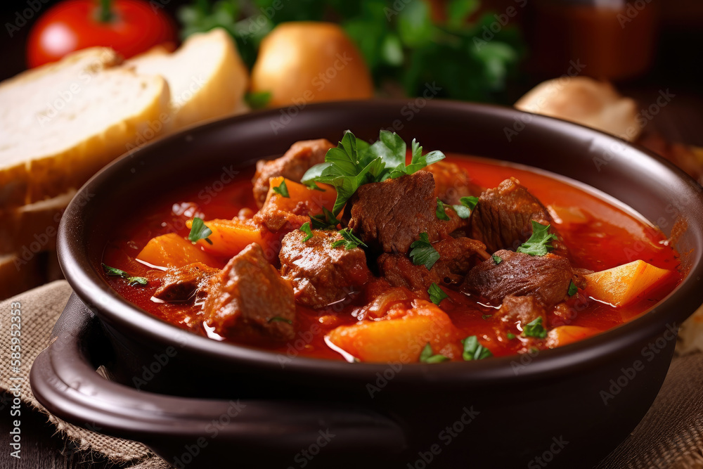 Steam rising from a hot bowl of hearty Goulash, topped with fresh parsley and served with a slice of crusty bread