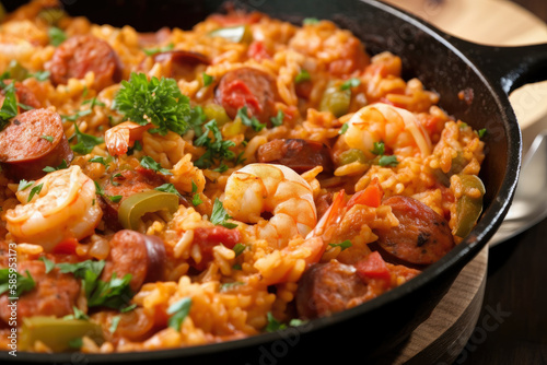 Spicy Jambalaya in a Traditional Cast Iron Skillet with Sizzling Cajun Sausage and Shrimp, generative ai