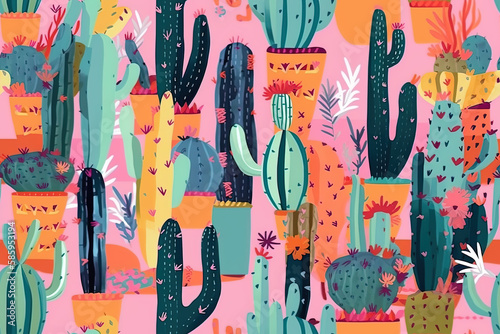 Vibrant tropical cacti wonderland seamless pattern