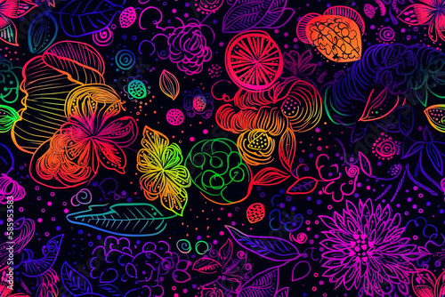 Dazzling neon kaleidoscope floral postcard