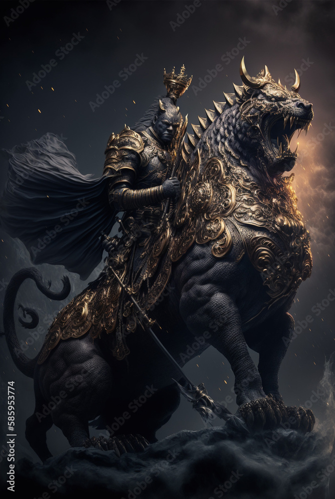dragon in the night sky, dragon in the night, warrior riding a lion