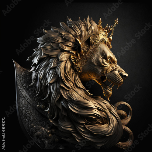 lion head on black background, lion head isolated on black, golden lion head © Ivan
