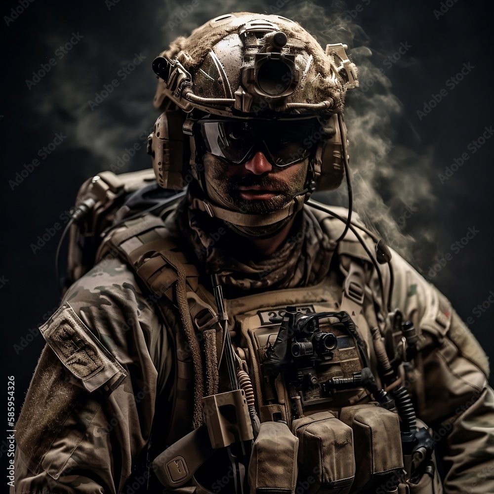 Elite soldier in combat gear and camouflage background ai generated