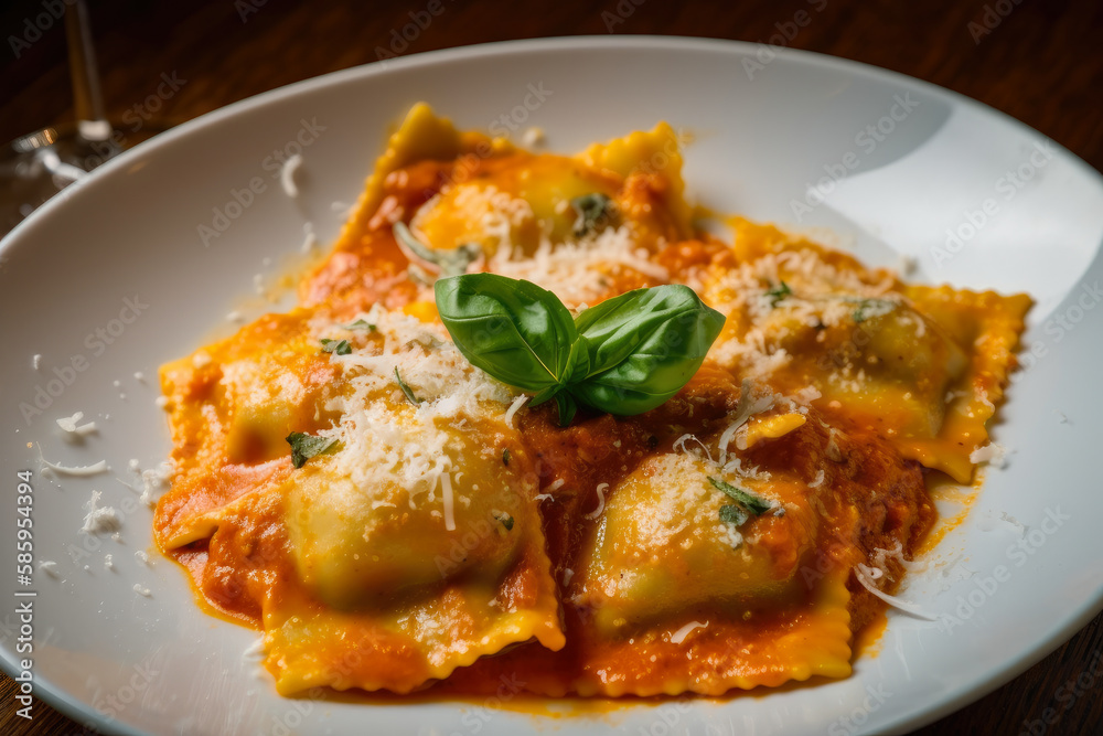 Savory Ravioli with a Tomato and Basil Sauce Topped with Grated Parmesan Cheese, generative ai Savory Ravioli with a Tomato and Basil Sauce Topped with Grated Parmesan Cheese, generative ai