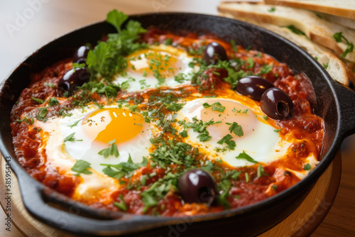 Shakshuka cooked in a traditional clay tagine with poached eggs, spicy harissa, and a side of olives, generative ai
