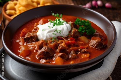Rich and thick Hungarian goulash with tender beef, garnished with a dollop of sour cream and a sprinkle of fresh chives, generative ai