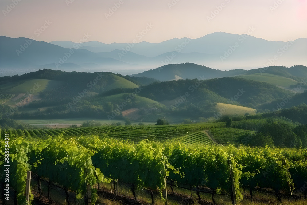 Panorama of Vineyards on the Hills With Mountains on Background: AI Generated Image