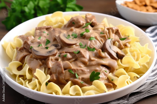 Rich and Creamy Beef Stroganoff garnished with fresh parsley and served in a white ceramic bowl, generative ai