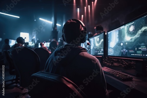 World Cup.Cybersport team involved in online tournament in gaming club . Team of professional cybersport gamers in gaming tournament Generative AI