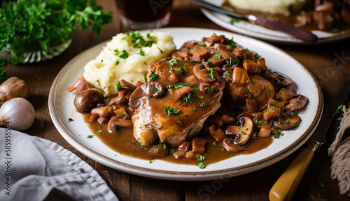 plate of Coq au Vin with fork-tender chicken, bacon, and pearl onions in a thick and flavorful sauce, served with a side of buttery mashed potatoes, generative ai