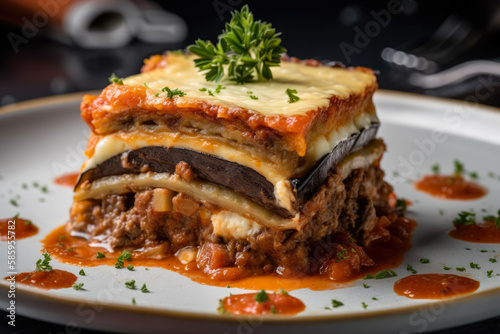 mouth-watering slice of moussaka with crispy edges, revealing the delicious layers of eggplant, beef, and tomato sauce, topped with creamy béchamel sauce, generative ai