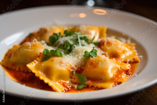 Mouth-Watering Ravioli with a Spicy Arrabbiata Sauce and Grated Pecorino Romano Cheese, generative ai