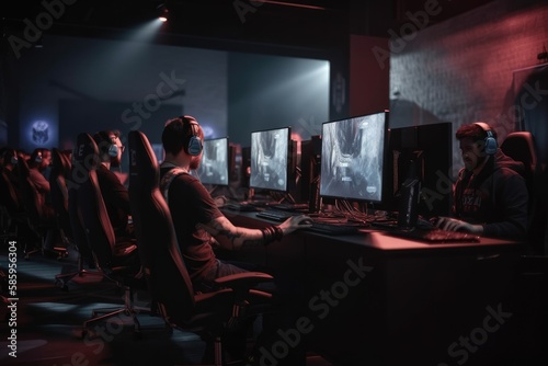 World Cup.Cybersport team involved in online tournament in gaming club . Team of professional cybersport gamers in gaming tournament Generative AI