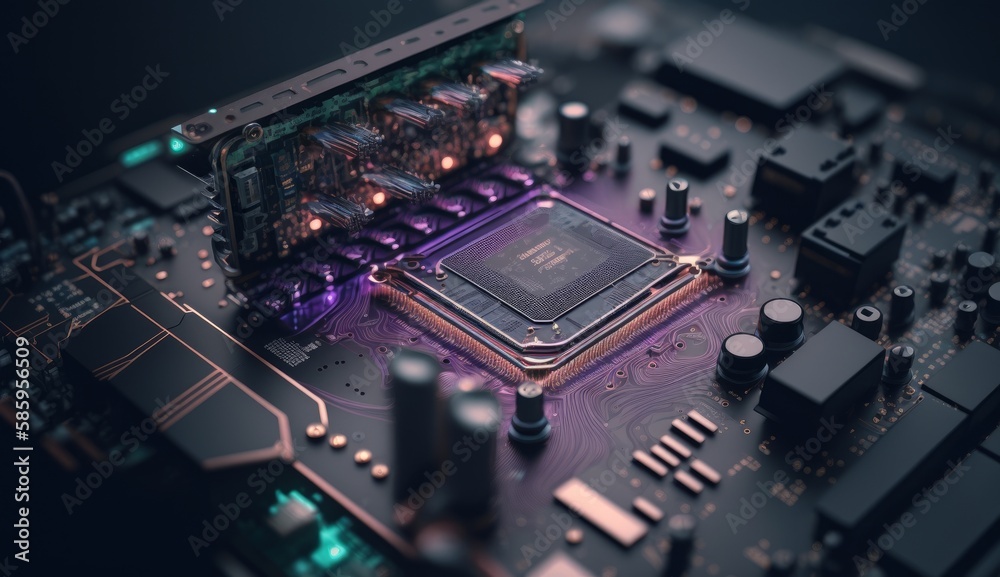 cybernetic technology, a motherboard with electronic circuits, and a CPU unit. Generative AI