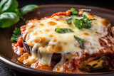 mouth-watering close-up of golden-brown Eggplant Parmesan topped with melted mozzarella cheese and served on a bed of warm tomato sauce, generative ai
