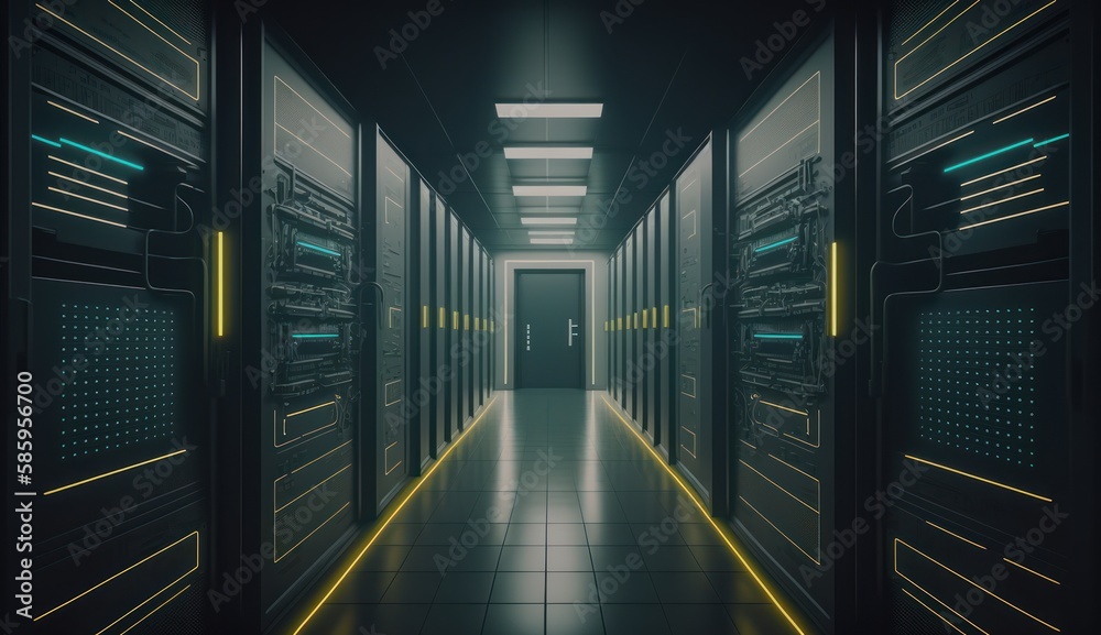 Fototapeta premium Shot of Corridor in Working Data Center Full of Rack Servers and Supercomputers with an Internet connection. Generative AI