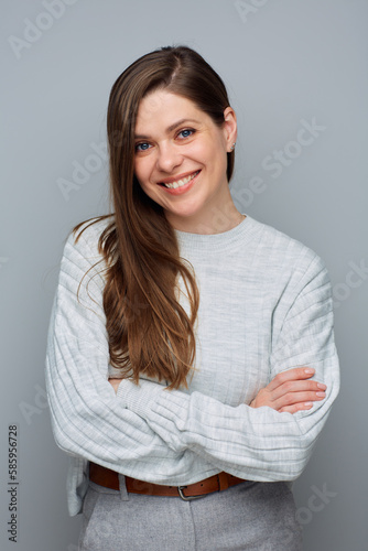 Smiling beautiful woman with long hair. Isolated female portrait