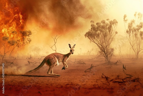 Kangaroo in raging bushfire midst of Australia. Devastating climate change and global warming. This serves as a reminder of the urgent need to save the koala and other wildlife from natural disaster.