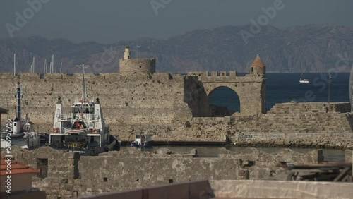Shot of De Naillac Tower from rooftop terrace in Rhodes Old Town, City of Rhodes, Rhodes, Dodecanese Islands, Greek Islands, Greece, Europe photo