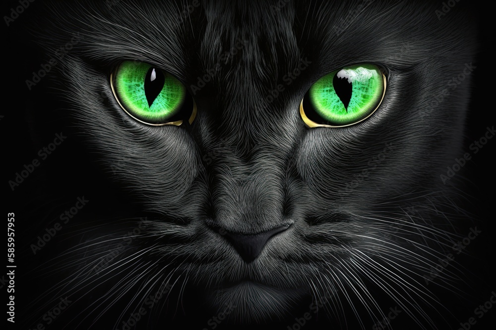 A frightful feline glances from a dark backdrop. With Halloween aesthetics and a spooky aura, it resembles a panther with witchy eyes. It's an ill-omened and untrustworthy sight.