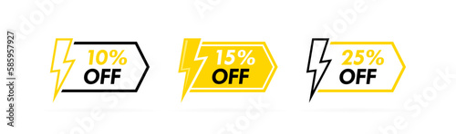 Price discount sale tags with lightning bolt. 10, 15 and 25 percent off discount. Banner template for business, shops, advertising , discount, sale. Modern flat style vector illustration