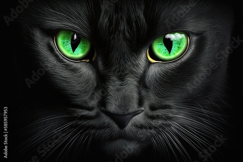 A frightful feline glances from a dark backdrop. With Halloween aesthetics and a spooky aura  it resembles a panther with witchy eyes. It s an ill-omened and untrustworthy sight.