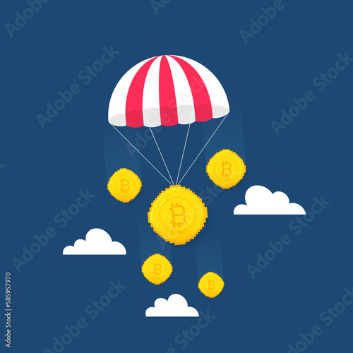 Crypto airdrop with parachute and coin. Concept of giveaway and promotion crypto coins and NFT. Vector illustration